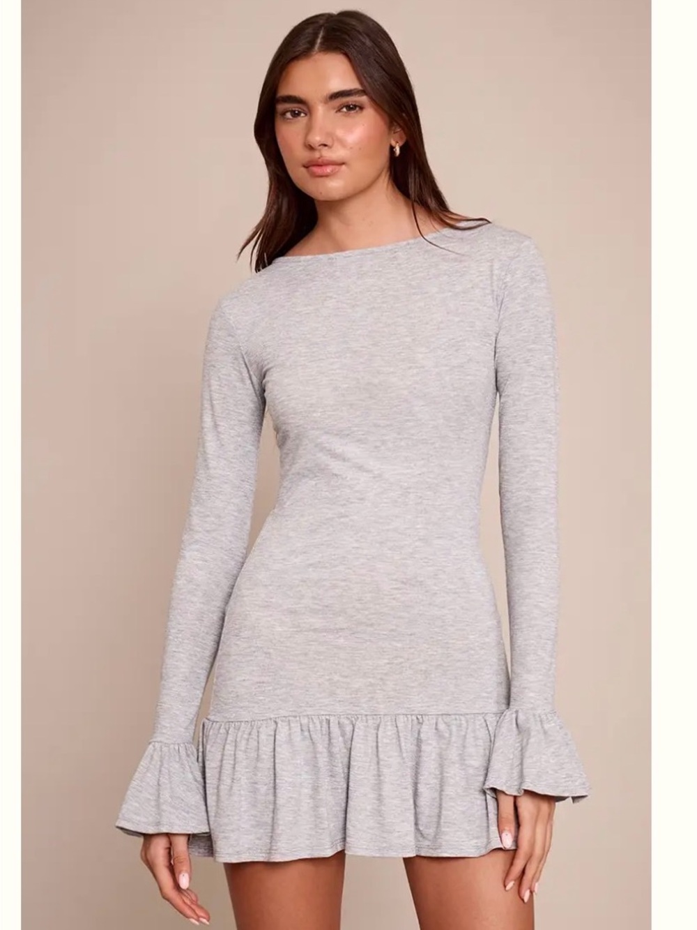 GREY MARL DROPPED FRILL HEM LONG SLEEVE MINI DRESS